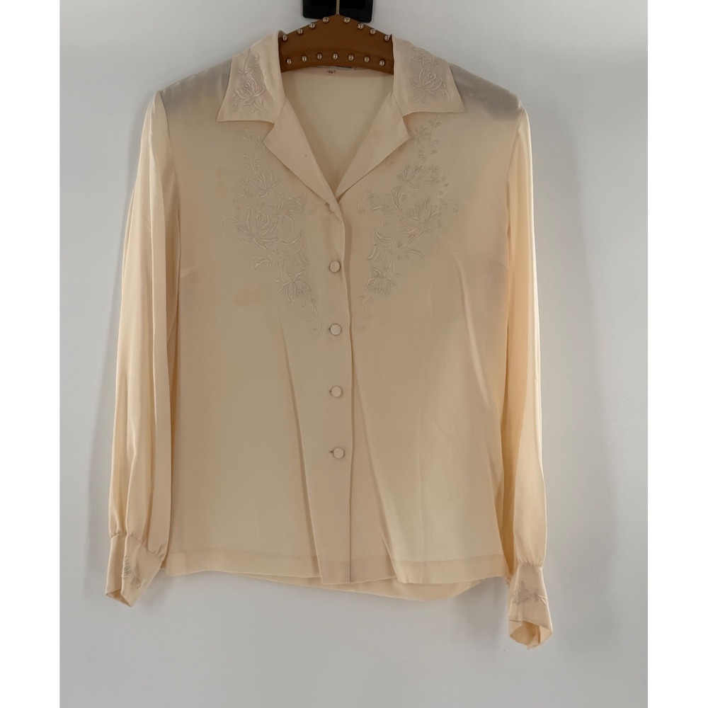 Vintage Peony 100% Silk Hand Embroidered Blouse Cream Floral Button Front Sz 34